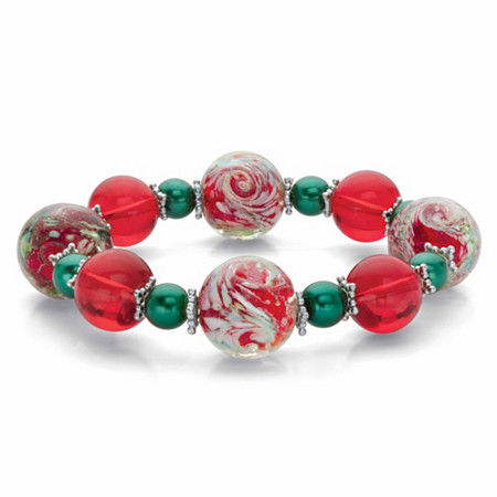 Red and Green Holiday Crystal Beaded Christmas Stretch Bracelet in Silvertone 8" at Direct Charge presents PalmBeach