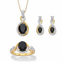 Oval-Cut Genuine Black Onyx and Diamond Accent Necklace, Earring and Ring Set in 18k Gold over Sterling Silver 18"