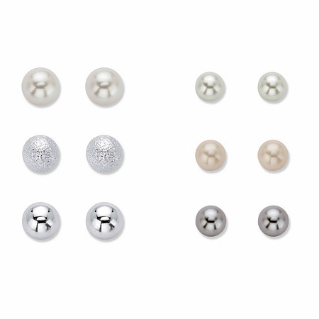 Simulated Pink, Grey and White Pearl Silvertone 6-Pair Ball Stud Earring Set (6mm - 8mm) at PalmBeach Jewelry