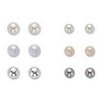 Simulated Pink, Grey and White Pearl Silvertone 6-Pair Ball Stud Earring Set (6mm - 8mm)