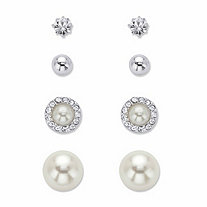Crystal and Simulated White Pearl 5-Pair Ball Stud Earring Set in Silvertone (6mm - 12mm)