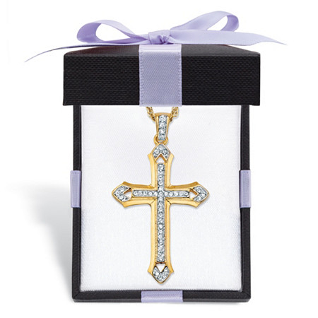 Men's Round Crystal Cross Pendant Necklace with Rope Chain in Gold Tone Includes FREE Gift Box 24" at Direct Charge presents PalmBeach