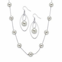 Round White Simulated Pearl 2-Piece Beaded Station Necklace and Circle Drop Earring Set in Silvertone 18"-21"