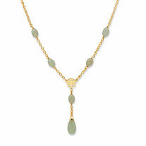 Pear-Cut and Oval-Cut Genuine Green Jade Y Drop Station Necklace Gold-Plated 17