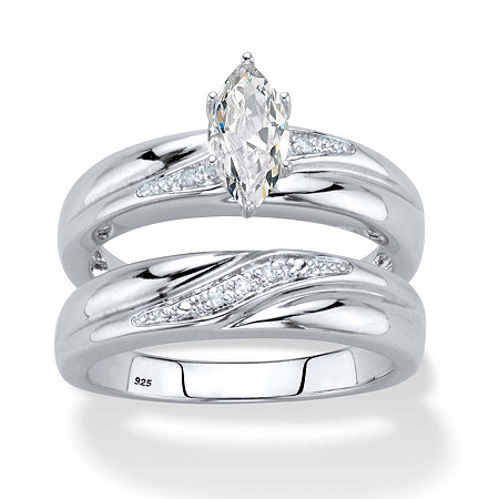 Marquise-Cut Cubic Zirconia and Diamond Accent 2-Piece Diagonal Bridal Ring Set .74 TCW in Platinum over Sterling Silver at PalmBeach Jewelry