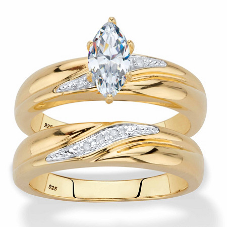 Marquise-Cut Cubic Zirconia and Diamond Accent 2-Piece Diagonal Bridal Ring Set .74 TCW in 18k Gold-Plated Sterling Silver at PalmBeach Jewelry