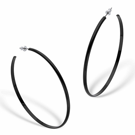 Black Enamel Open Hoop Earrings in Silvertone 2.75"" at PalmBeach Jewelry