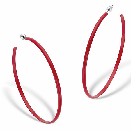 Red Enamel Open Hoop Earrings in Silvertone 2.75" at PalmBeach Jewelry