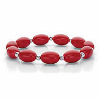 Oval Red Cabochon Lucite Bead Single Strand Stretch Bracelet in Silvertone, 7