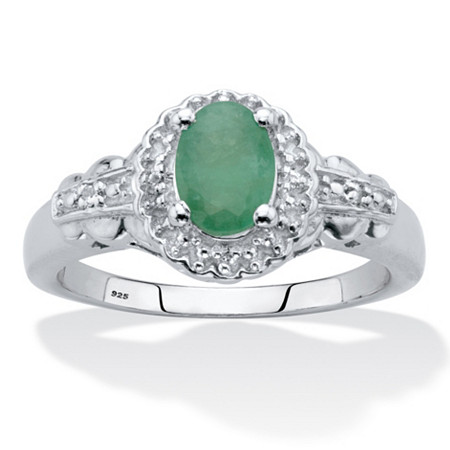 Oval-Cut Genuine Green Emerald and White Topaz Halo Ring .97 TCW Sterling Silver at PalmBeach Jewelry