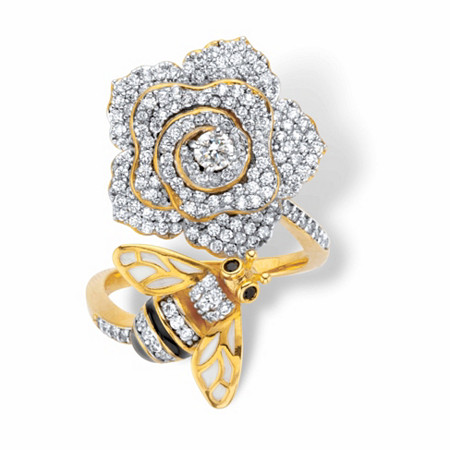 Round Black and White Cubic Zirconia Flower and Bee Wrap Cocktail Ring 1.27 TCW Gold-Plated at PalmBeach Jewelry