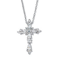 Pear-Cut and Round Cubic Zirconia Cross Pendant Necklace 18", 1.48 TCW Platinum over Sterling Silver