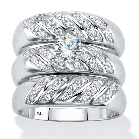Round Cubic Zirconia 3-Piece Bridal Ring Set .85 TCW Platinum over Sterling Silver at PalmBeach Jewelry