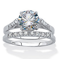 Round Cubic Zirconia 2 Piece Bridal Ring Set 2.24 TCW Platinum over Sterling Silver.