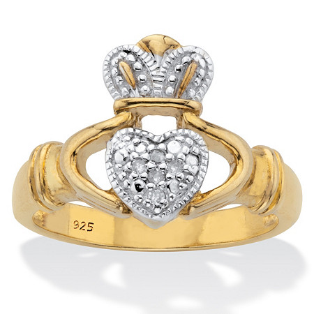 Round Diamond Claddagh Ring 1/10 TCW 18K Gold Plated Sterling Silver at PalmBeach Jewelry