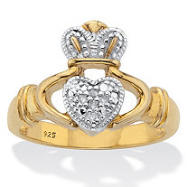 Round Diamond Claddagh Ring 1/10 TCW 18K Gold Plated Sterling Silver