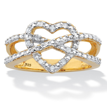 Round Cut Diamond Heart Crossover Two Tone Ring .10 TCW 18k Gold-Plated Sterling Silver at PalmBeach Jewelry