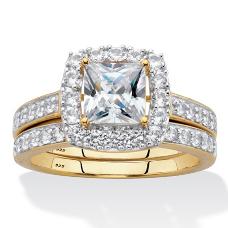Princess-Cut Created White Sapphire 2-Piece Halo Wedding Ring Set 2.60 TCW in 18K Gold Plated Sterling Silver at PalmBeach Jewelry