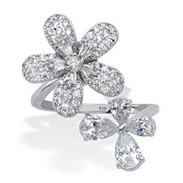 Round & Pear Cut Cubic Zirconia Spinning Daisy Flower Ring 1.67 TCW Platinum Plated Sterling Silver