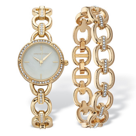 Round White Crystal Accent Chain Link 2 Piece Watch Set Goldtone 7.5" Length at PalmBeach Jewelry