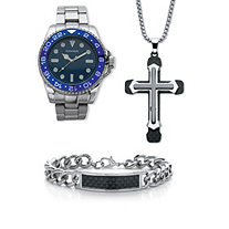 SETA JEWELRY Men's 3 Piece Rocawear Watch,Bracelet & Pendant Gift Set Ion Plated Stainless Steel 7.5