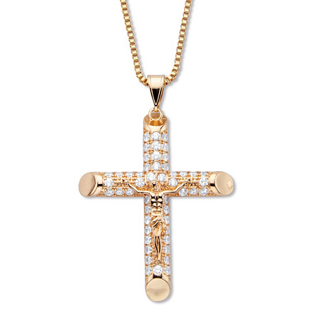 Men's Round Crystal Crucifix Cross Pendant and Chain Goldtone 24" Length at PalmBeach Jewelry