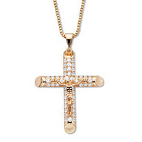 Men's Round Crystal Crucifix Cross Pendant and Chain Goldtone 24