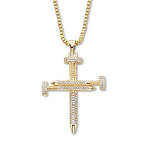 Men's Goldtone Round Crystal Nail Cross Pendant With Chain 24" Length