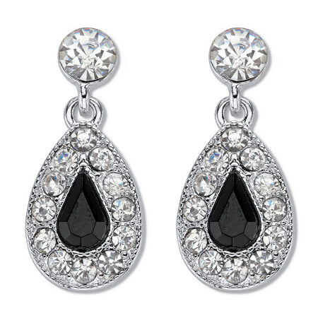 Silvertone Simulated Pear Cut Black Onyx and Round Crystals Drop Earrings at PalmBeach Jewelry
