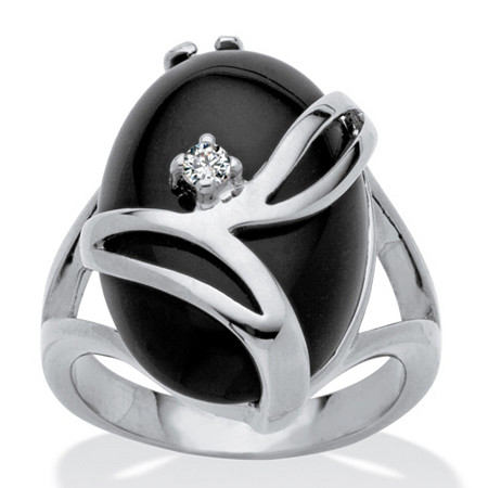 Oval-Shaped Onyx and Crystal Accent Cocktail Ring in Platinum Plated at PalmBeach Jewelry