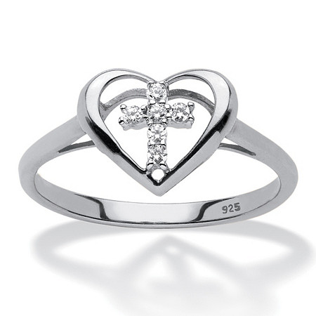 Diamond Accent Floating Cross Heart Ring Platinum Plated .925 Sterling Silver at PalmBeach Jewelry