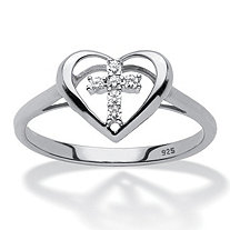 Diamond Accent Floating Cross Heart Ring Platinum Plated .925 Sterling Silver