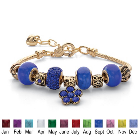 Simulated Bali-Style Beaded Birthstone Charm and Spacer Bracelet Goldtone 8"-10" at PalmBeach Jewelry