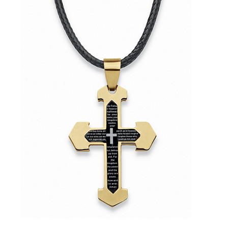 Men's Lord's Prayer Cross Pendant and Fabric Cord Gold and Black Ion-Plated Stainless Steel 24"-27" at PalmBeach Jewelry