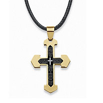 Men's Lord's Prayer Cross Pendant and Fabric Cord Gold and Black Ion-Plated Stainless Steel 24
