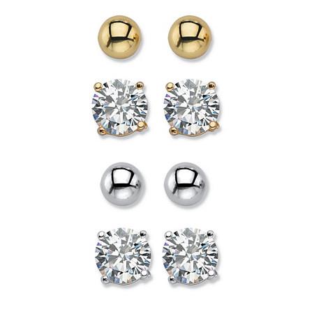 Round Cubic Zirconia and Ball 4-Pair Stud Earring Set 8 TCW Goldtone & Silvertone at PalmBeach Jewelry