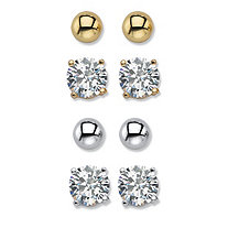 Round Cubic Zirconia and Ball 4-Pair Stud Earring Set 8 TCW Goldtone & Silvertone