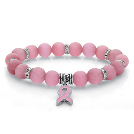 Pink Beaded & Crystal Glass Stretch Breast Cancer Bracelet Silvertone 7.5" at PalmBeach Jewelry