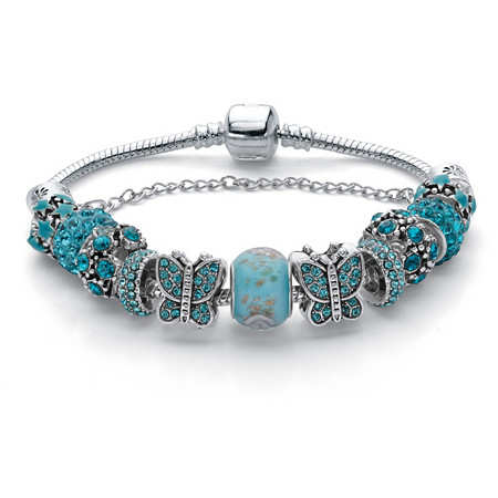 Blue Crystal Bali Style Silvertone Butterfly & Star Bracelet 8" Length at PalmBeach Jewelry