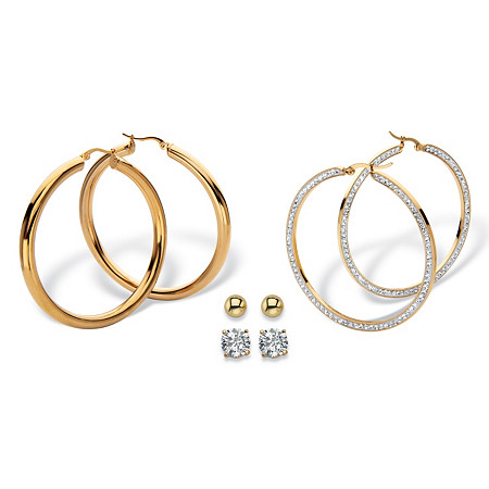 4-Pair CZ Stud & Hoop Set 4 TCW Goldtone & Gold Ion Plated Stainless Steel at PalmBeach Jewelry