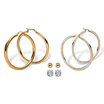4-Pair CZ Stud & Hoop Set 4 TCW Goldtone & Gold Ion Plated Stainless Steel