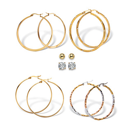 6 - Pair CZ Stud & Hoop Set 4 TCW. Goldtone & Gold Ion Plated Stainless Steel at PalmBeach Jewelry