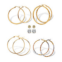 6 - Pair CZ Stud & Hoop Set 4 TCW. Goldtone & Gold Ion Plated Stainless Steel