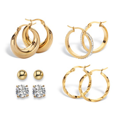 5-Pair CZ Stud & Hoop Set 4 TCW. Goldtone & Gold Ion Plated Stainless Steel at PalmBeach Jewelry