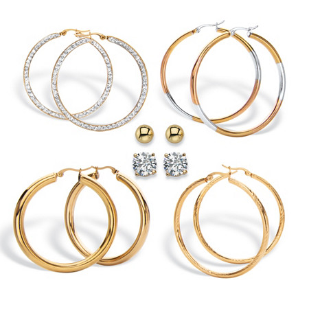 6-Pair CZ Stud & Hoop Set 4 TCW Gold Ion Plated Stainless Steel & Gold Plated at PalmBeach Jewelry