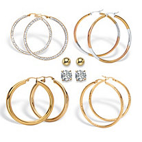 6-Pair CZ Stud & Hoop Set 4 TCW Gold Ion Plated Stainless Steel & Gold Plated