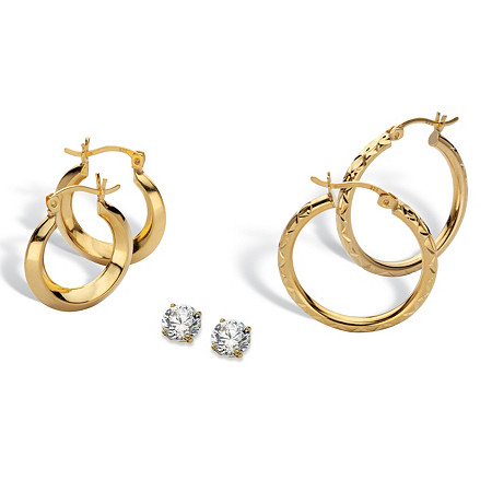 Round CZ Stud & Hoop 3 Piece Set 1 TCW 18K Gold Plated Sterling Silver at PalmBeach Jewelry