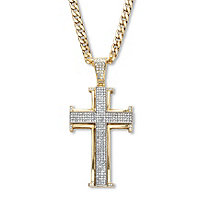 Men's White Crystal Cross Pendant Necklace Gold Ion-Plated Stainless Steel 24" Length Curb-Link Chain