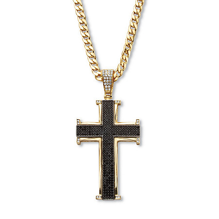 Men's Black Crystal Cross Pendant Necklace Gold Ion-Plated Stainless Steel 24" Length Curb-Link Chain at PalmBeach Jewelry