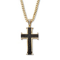 Men's Black Crystal Cross Pendant Necklace Gold Ion-Plated Stainless Steel 24